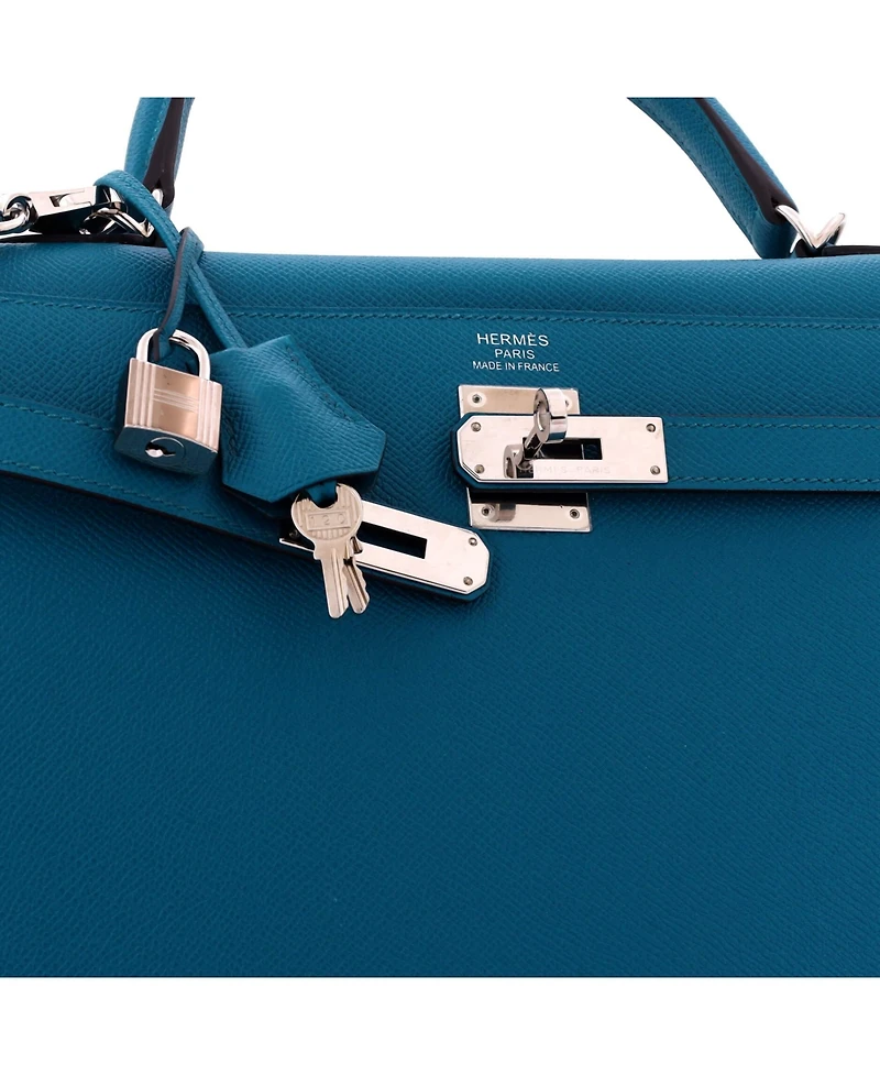 Pre-Owned HERMES Kelly 35 Handbag Blue Epsom with Palladium Hardware