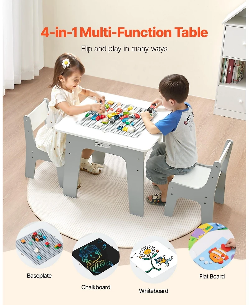 Mecale 4-in-1 Kids Activity Table & 2 Chairs Set, Double-Sided Graffiti/Blocks Top w/ Storage, Ages 3+