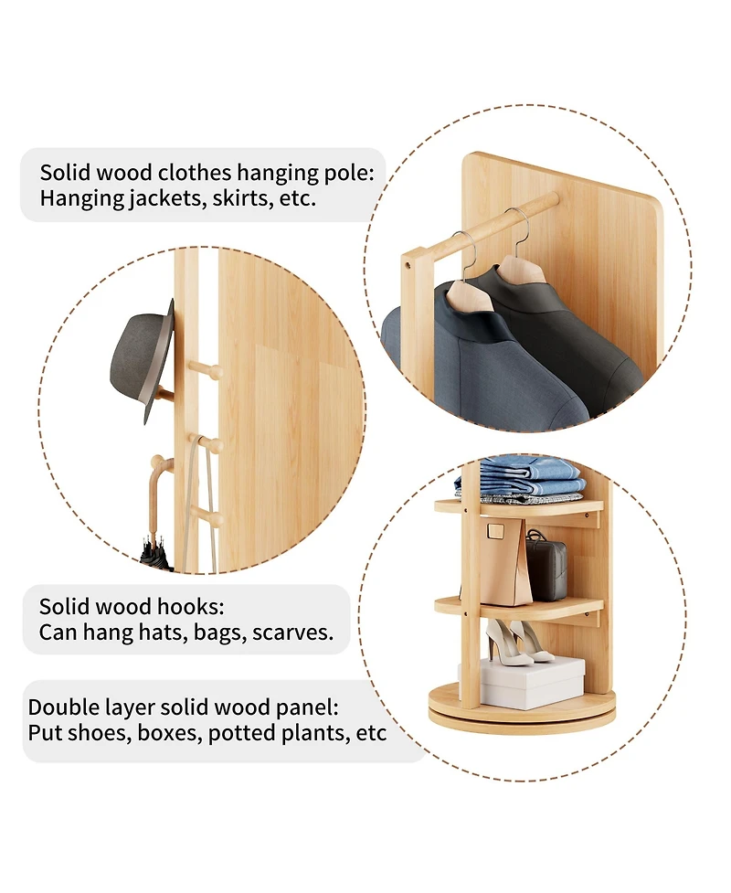 Rainsken 360° Rotating Full Length Mirror, Solid Wood Freestanding Coat Rack with Storage Hanger, Open Shelves for Living Room and Cloakroom
