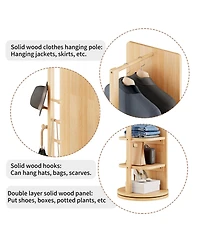 Rainsken 360° Rotating Full Length Mirror, Solid Wood Freestanding Coat Rack with Storage Hanger, Open Shelves for Living Room and Cloakroom