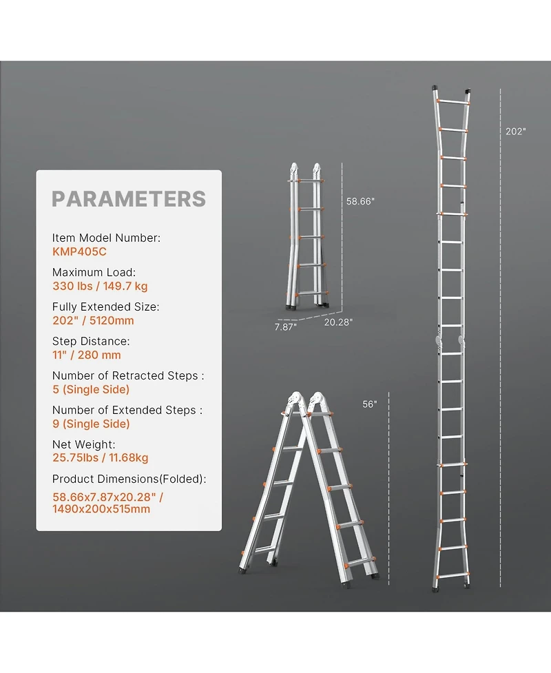 Mecale 17 ft Telescoping A-Frame Ladder, Compact Aluminum Multi-Function Extension Ladder, Collapsible Design, 330 lb Load Capacity