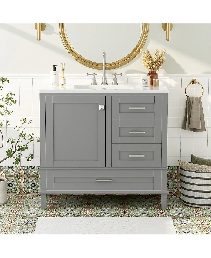 Sillysis 36" Bathroom Vanity with Ceramic Sink, Solid Pine Frame, Soft Close Drawers & Door for Small Spaces