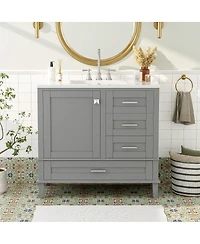 Sillysis 36" Bathroom Vanity with Ceramic Sink, Solid Pine Frame, Soft Close Drawers & Door for Small Spaces