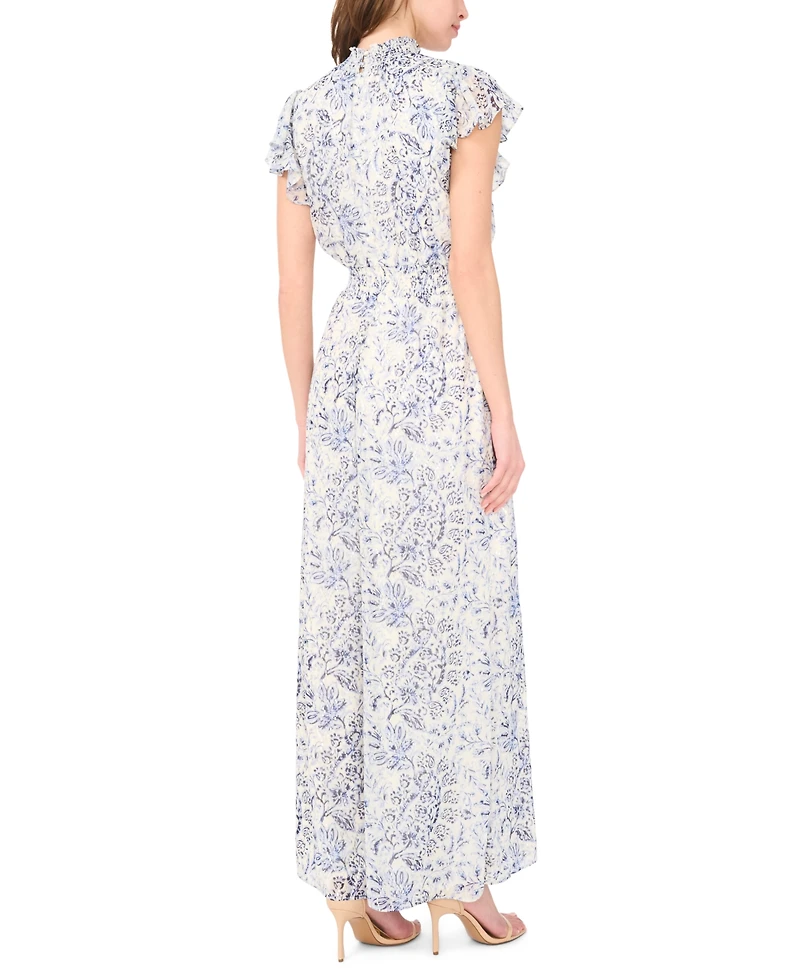 Msk Women's Short-Sleeve Mock Neck Smocked Waist Jumpsuit