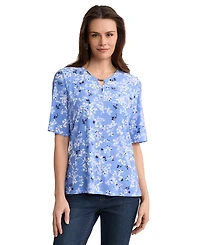 Jones New York Petite Elbow Double Keyhole Neck Printed Jersey Top