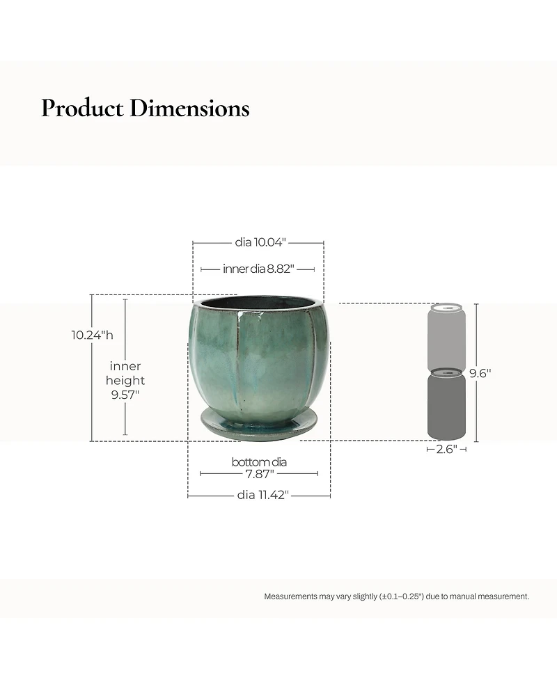 LuxenHome Glossy Gradient Teal Ceramic Planter, 10-Inch Tall Ridged Container with Connected Tray