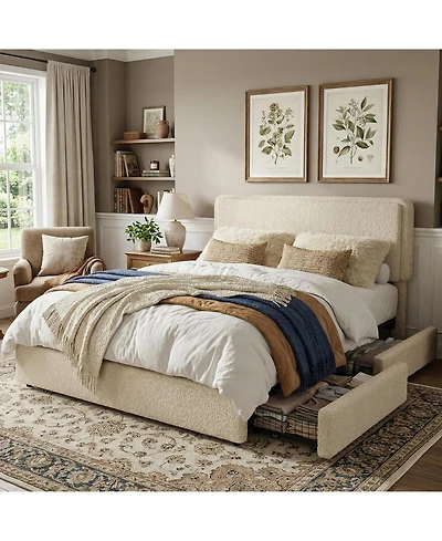 gaomon Teddy Fleece Bed Frame, Cloud Cream Bed Frame with 2 Storage Drawer and Adjustable Headboard, Soft Teddy Fabric, Easy Assembly