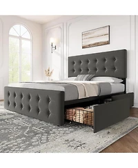 gaomon Bed Frame with Adjustable Headboard, Upholstered Platform Bed Frame with 4 Storage Drawers, Button Tufted Design, Wooden Slats Support.