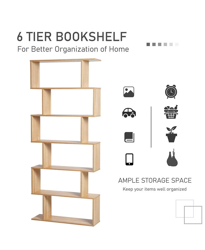 Homcom 75"H Bookcase 6 Shelf S-Shaped Bookshelf Storage Display Sd Organizer