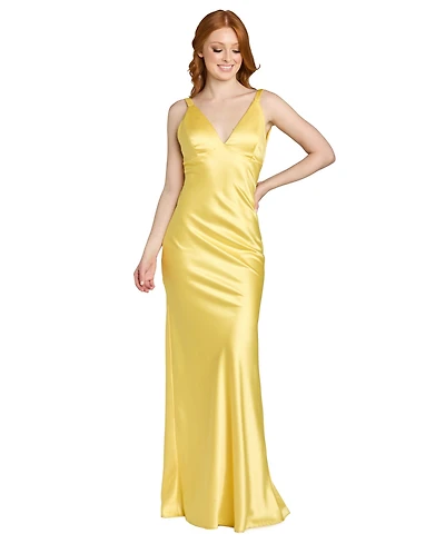 Morgan & Company Juniors' Stretch V-Neck Bar Back Long Gown
