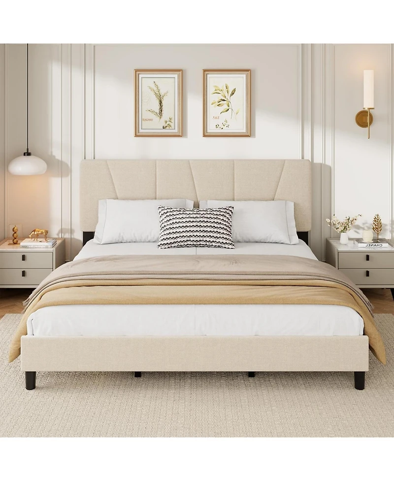 gaomon Platform Bed Frame for Kids, Linen Upholstered Headboard & Wooden Slats Support, Noise-Free Mattress Foundation/No Box Spring Needed