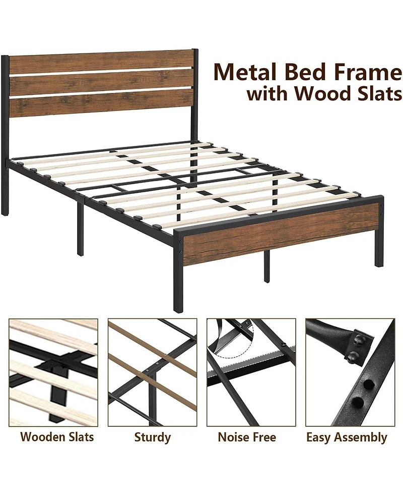 gaomon Rustic Bed Frame with Headboard,Metal Platform Farmhouse Bed Frame Slat,Sturdy Heavy Duty Bed Box Spring Needed