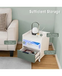 Gymax 2PCS Nightstand Modern Beside End Table w/ Led Lights Open Compartment & Drawer