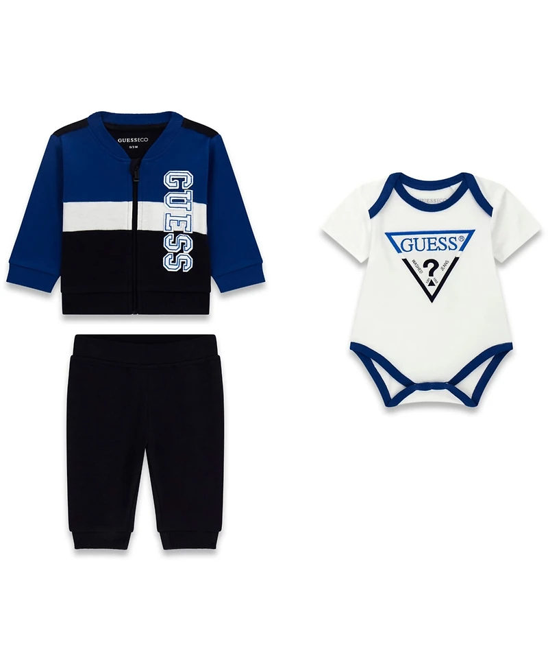 Guess Baby Boys' Bodysuit, Zip-Up Top, and Sweatpant, 3-Piece Set