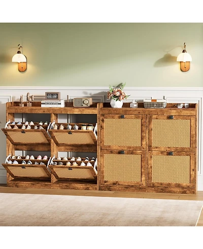 gaomon 2PCS Of Shoe Cabinet with 4 Deep Flip Drawers Base Freestanding Wooden Shoe Storage Cabinet with Rattan Door and 3-Tier Adjustable Shelves