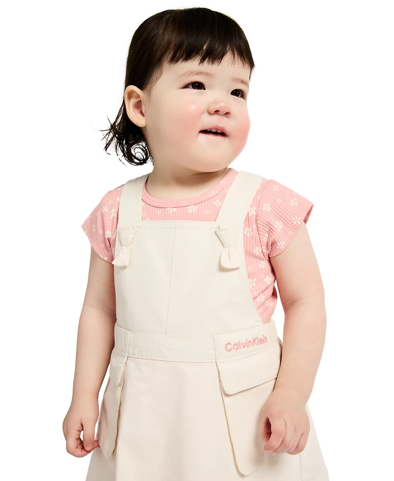 Calvin Klein Baby Girls' Ribbed Printed Bodysuit & Denim Overall, 2-Piece Set