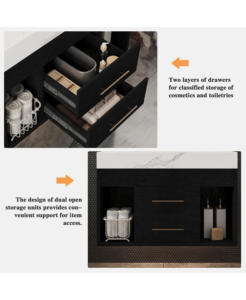 Sillysis 29.9" Floating Bathroom Vanity with Ceramic Sink, Sintered Stone Top, 2 Soft Close Drawers