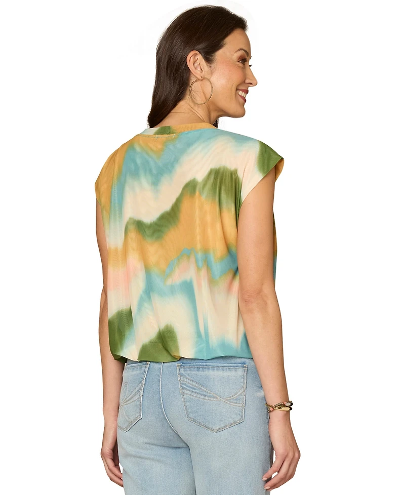 Democracy Petite Cap-Sleeve Printed Round Neck Knit Top