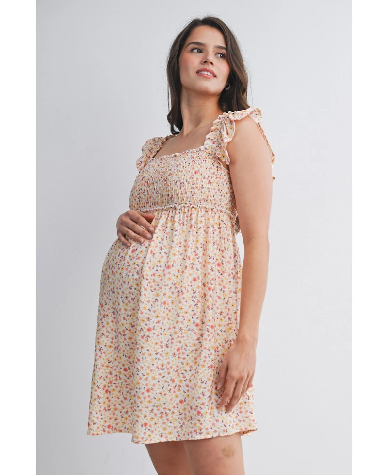 Hello Miz Maternity Smocked Floral Dress with Ruffle Cap Sleeves
