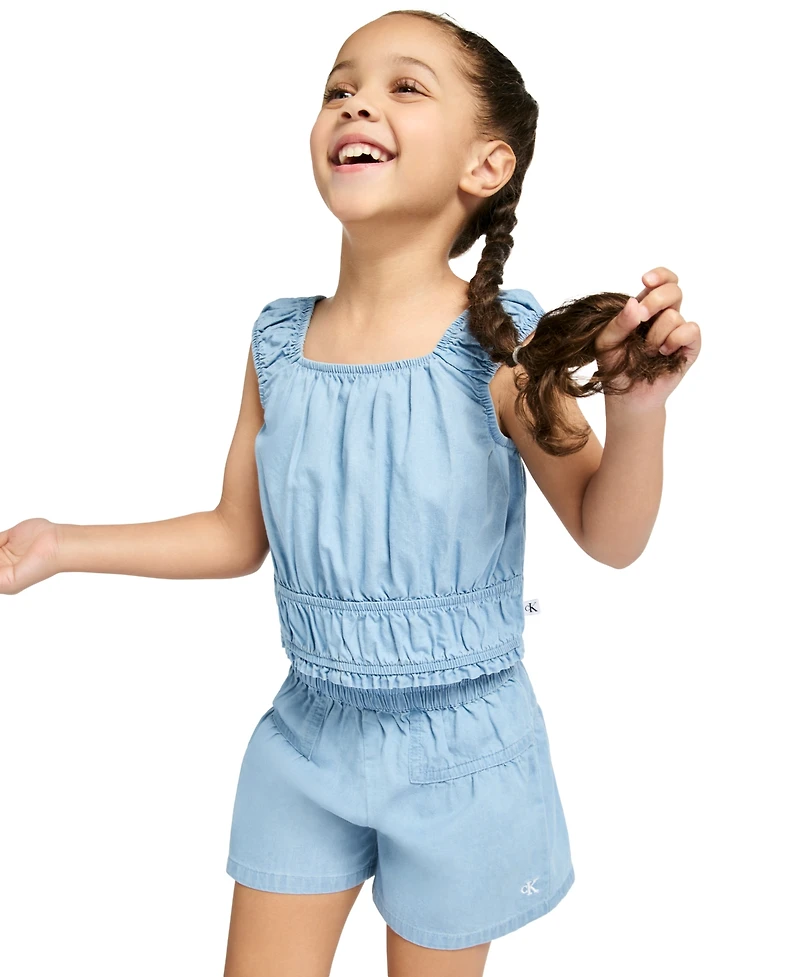 Calvin Klein Girls' 2T-6X Smocked Denim Top and Shorts, 2-Piece Set