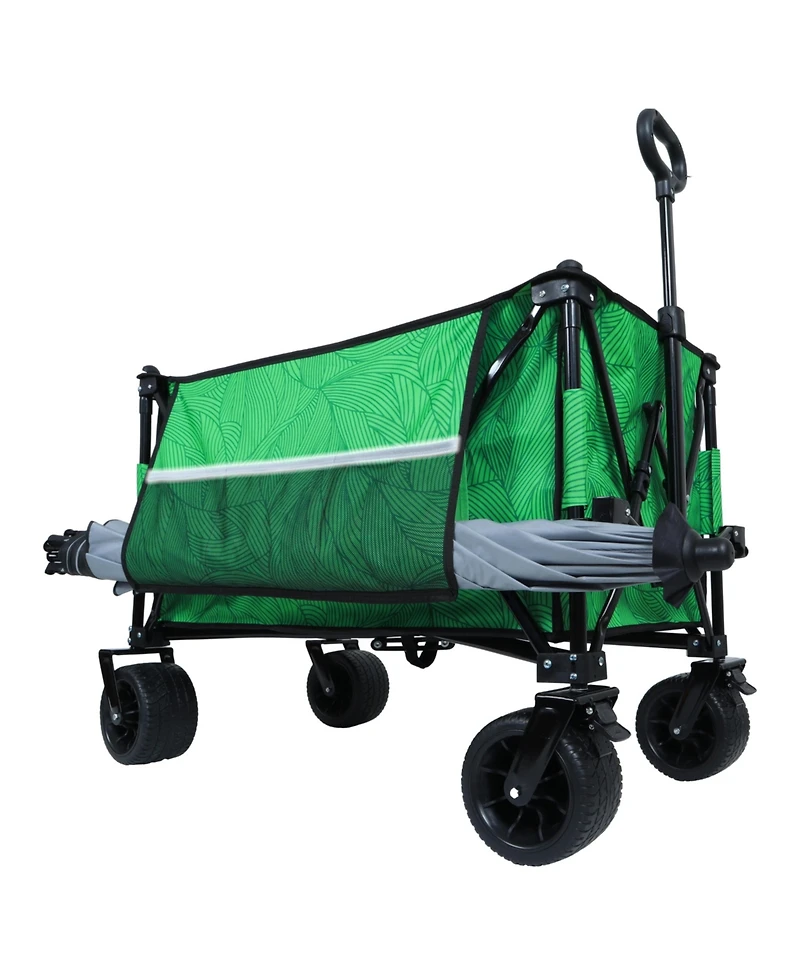 sumyeg Outdoor Storage Collapsible Foldable Wagon Cart with All Terrain Wheels, Drink Holders, Brakes, Side Pocket and Picnic Mat