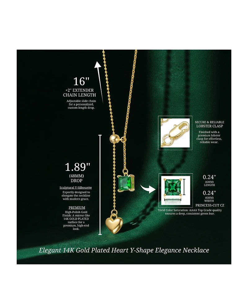 Rachel Glauber 14K Gold Plated Golden Heart Y-Shape Elegance Necklace