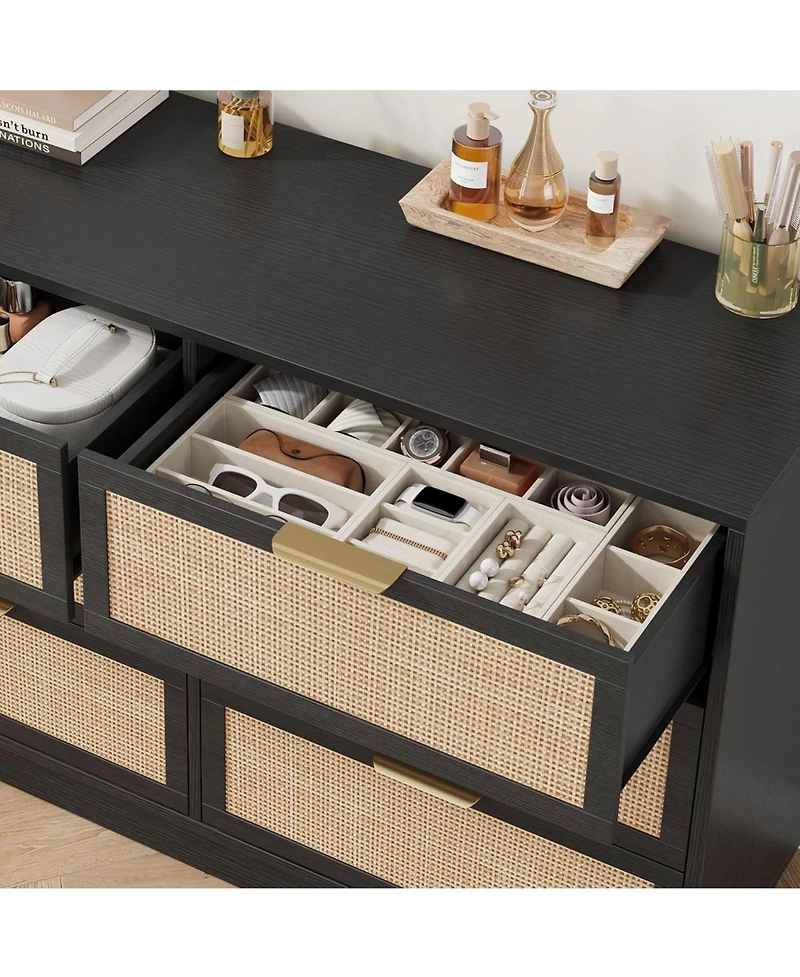 gaomon 6 Drawer Rattan Dresser for Bedroom, Integrated Cabinet Body & Legs Design, Wooden Chest of Drawers for Hallways, Entryways and Closet