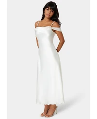 Bebe Women's Drape Shoulder High Slit Satin Maxi Dress