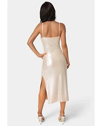 Bebe Women's Foil Metallic Slinky Cowl Maxi Dress