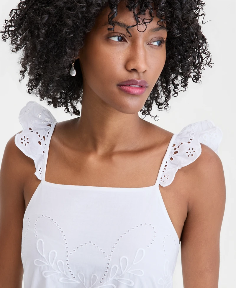 On 34th Women's Cotton Poplin Eyelet Pintucked Midi Dress, Macy's Exclusive