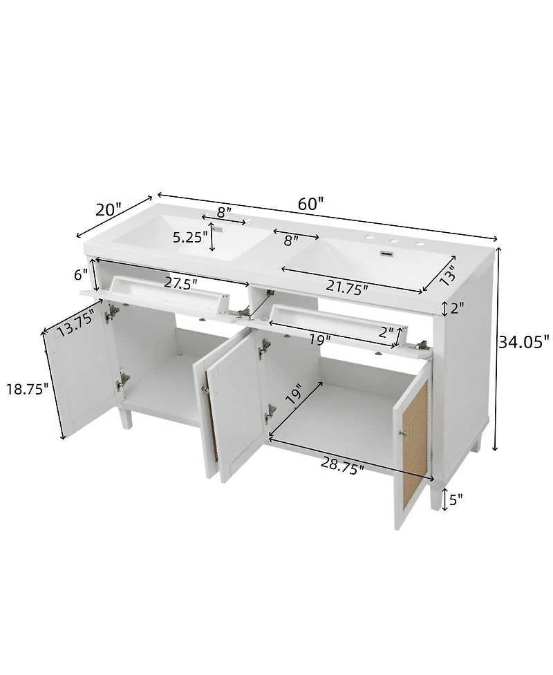 Sillysis 60" Double Sink Bathroom Vanity, Modern Solid Wood Freestanding Cabinet with Smc Top, Rattan Doors & Flip-Out Tray