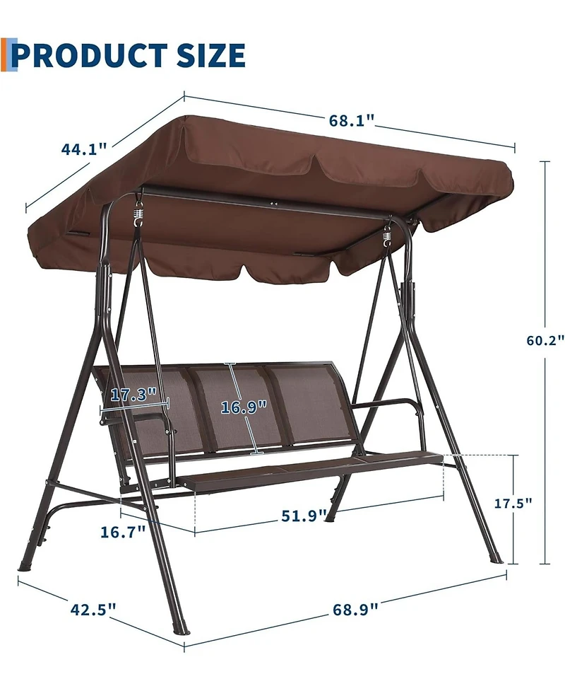 gaomon Porch Swing with Adjustable Canopy for Adults 3-Seat Outdoor Waterproof Textilene & Steel Frame Patio Swing Bench for Backyard Garden