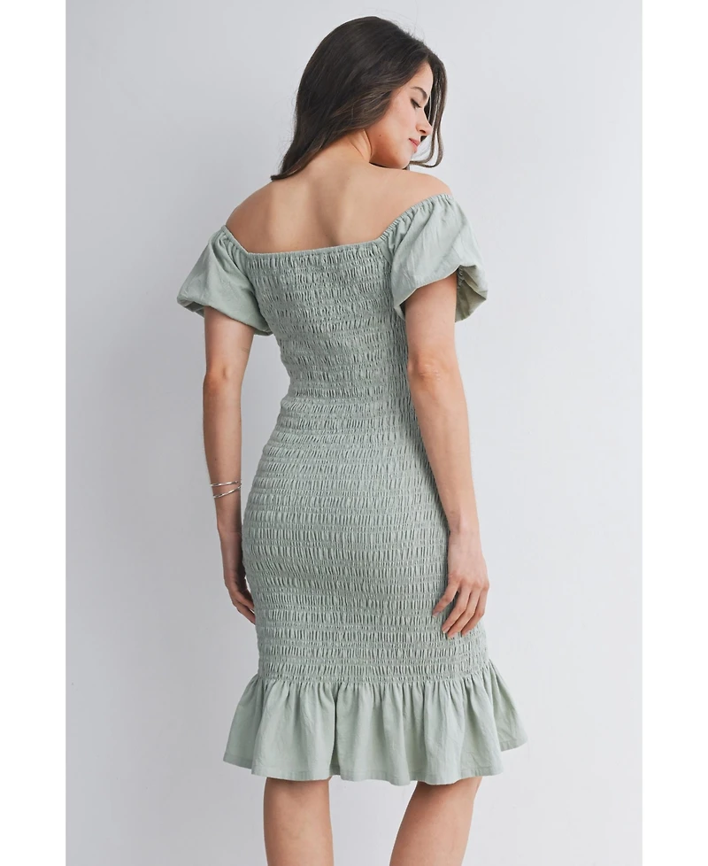 Hello Miz Maternity Off-the-Shoulder Smocked Bodycon Midi Dress with Ruffle Hem