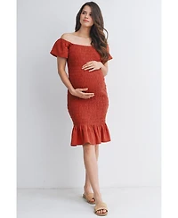 Hello Miz Maternity Off-the-Shoulder Smocked Bodycon Midi Dress with Ruffle Hem