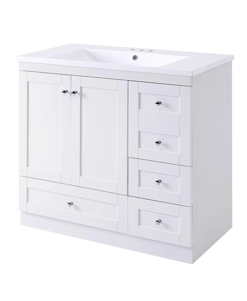 Sillysis 36" Shaker Bathroom Vanity with Resin Sink, 4 Soft Close Drawers & 2 Doors, Ample Storage for Modern Homes