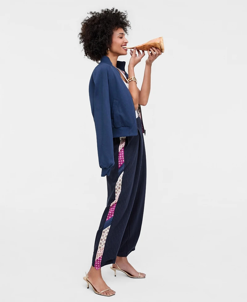 Women's High Rise Mixed-Media Pinstripe Trouser Pants, Macy's Exclusive- Molly Rogers Capsule Collection