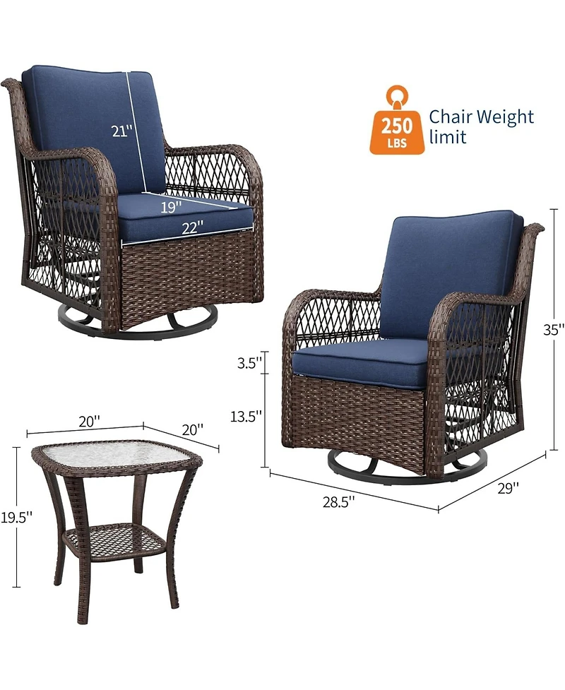 Gaomon Swivel Wicker Glider Patio Chairs, 3 Piece Outdoor Wicker Rattan Swivel Rocking Chair Set, 360-Degree Swivel Rocking Chair
