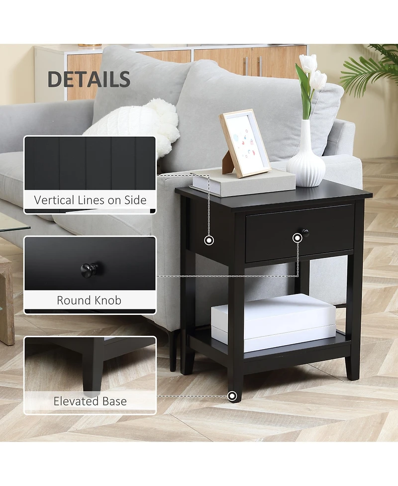 Homcom Nightsd Bedside Table End Table Organizer W/ Drawer Shelf