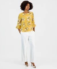 Kasper Petite Crewneck Ruffle-Sleeve Printed Blouse