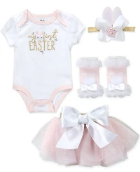 Baby Essentials Girls' Short-Sleeve Bodysuit and Skirt, 4-Piece Set