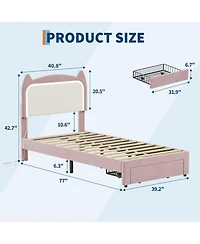 gaomon Twin Size Bed Frame with Cat Headboard, Twin Platform Bed Frame with Grb Led Lights, Storage Drawer & Strong Wood Slats Support