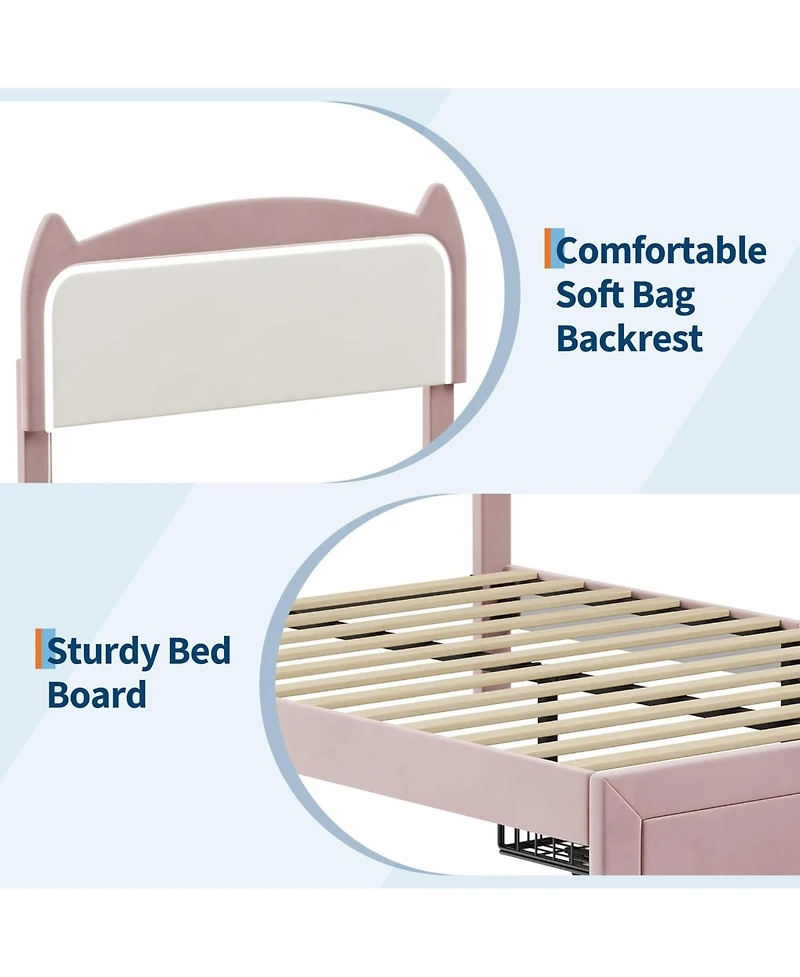 gaomon Full Upholstered Led Bed Frame with Storage Drawer & Cute Cat Headboard, Velvet Princess Platform Bed Frame