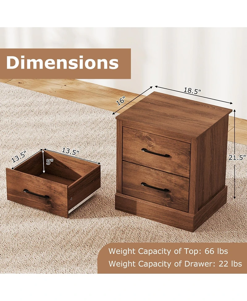 Gymax Set of 2 Drawer Nightstand Bedside Table Compact Sofa End Table Rustic Walnut