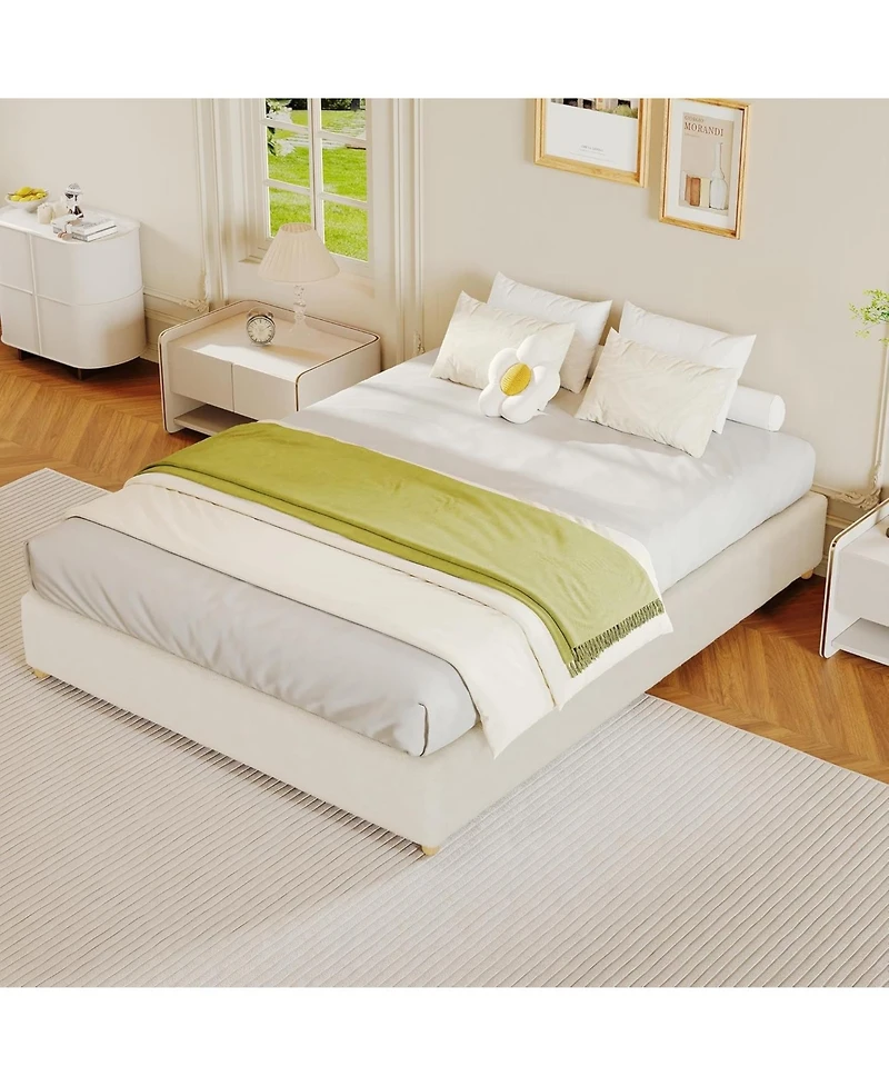 gaomon Cloud Bed Frame, Corduroy Soft Fabric Low Frames with Solid Wood Round Legs, Platform Without Headboard