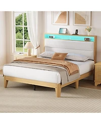 gaomon Size Bed Frame, Boucle Platform Bed Frame with Led Lights, Upholstered Headboard with Built-in Charging Station, No Box Spring Needed