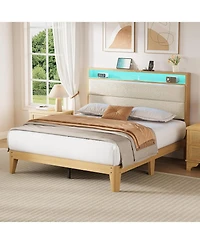 gaomon Bed Frame, Boucle Platform Frame with Led Lights, Upholstered Headboard Built-in Charging Station