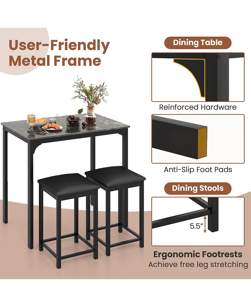 Gymax 3 Pcs Counter Height Dining Set Faux Marble Table & 2 Chairs Kitchen Bar