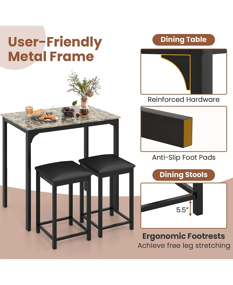 Gymax 3 Pcs Counter Height Dining Set Faux Marble Table & 2 Chairs Kitchen Bar