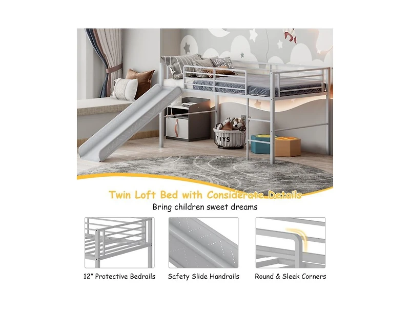 Twin Metal Loft Bed with Slide Safety Guardrails and Built-in Ladder