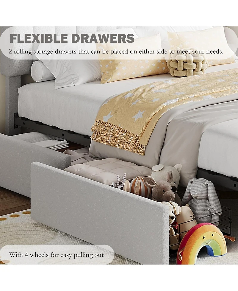 gaomon Bed Frame Storage Headboard 2 Drawers Boucle Upholstered Platform Bookcase Sturdy Noise-Free No Box Spring